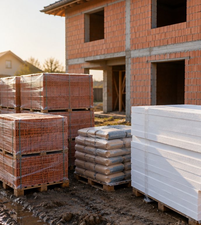 Palete opeke, cementa i stiropora isporučene na gradilište